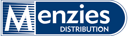 Menzies Distribution logo with white text on a dark blue background, featuring horizontal white lines behind the letter 
